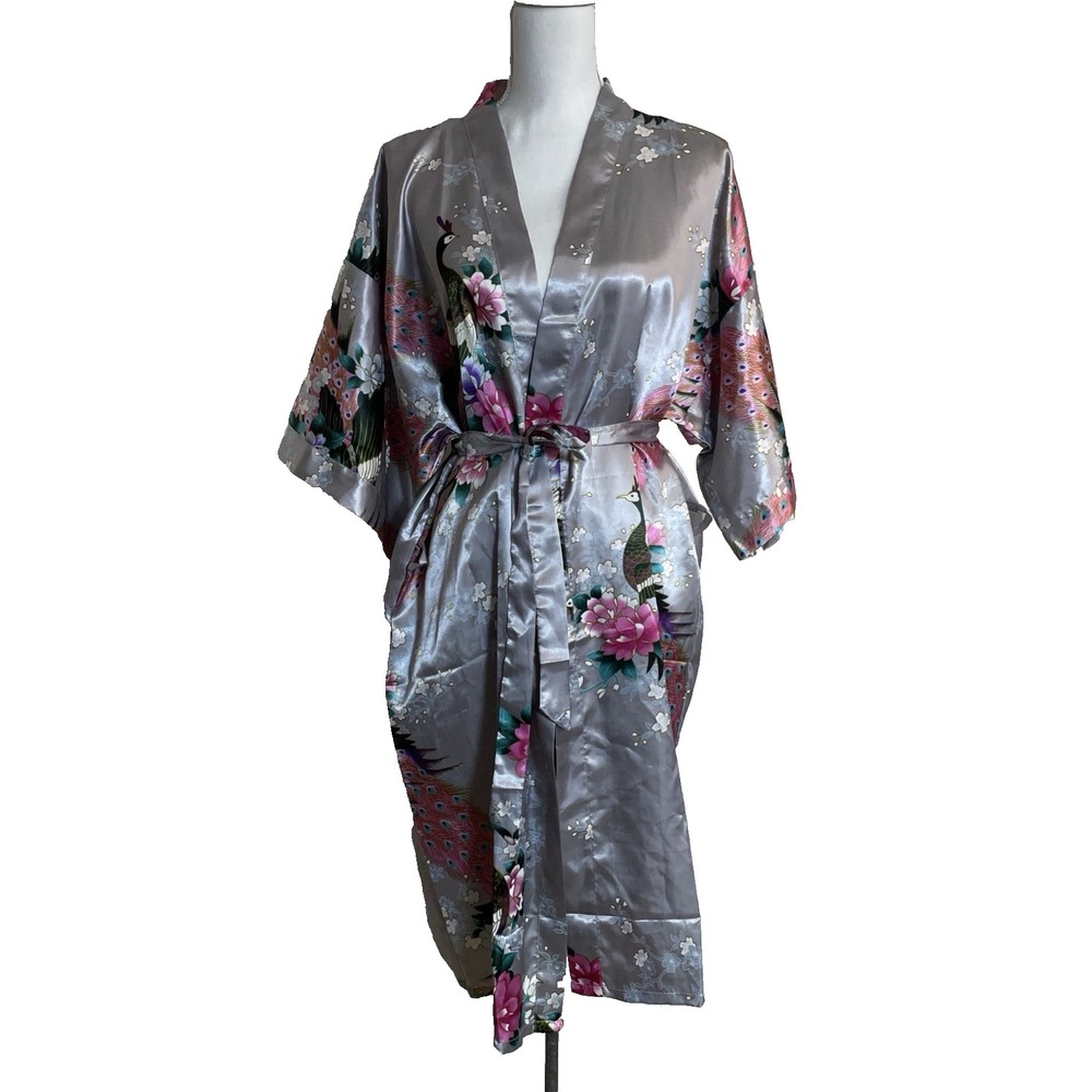 Womens  Kimono Wrap Tie Robe One Size Silky Silver‎ Gray Peacock Blossoms Lounge